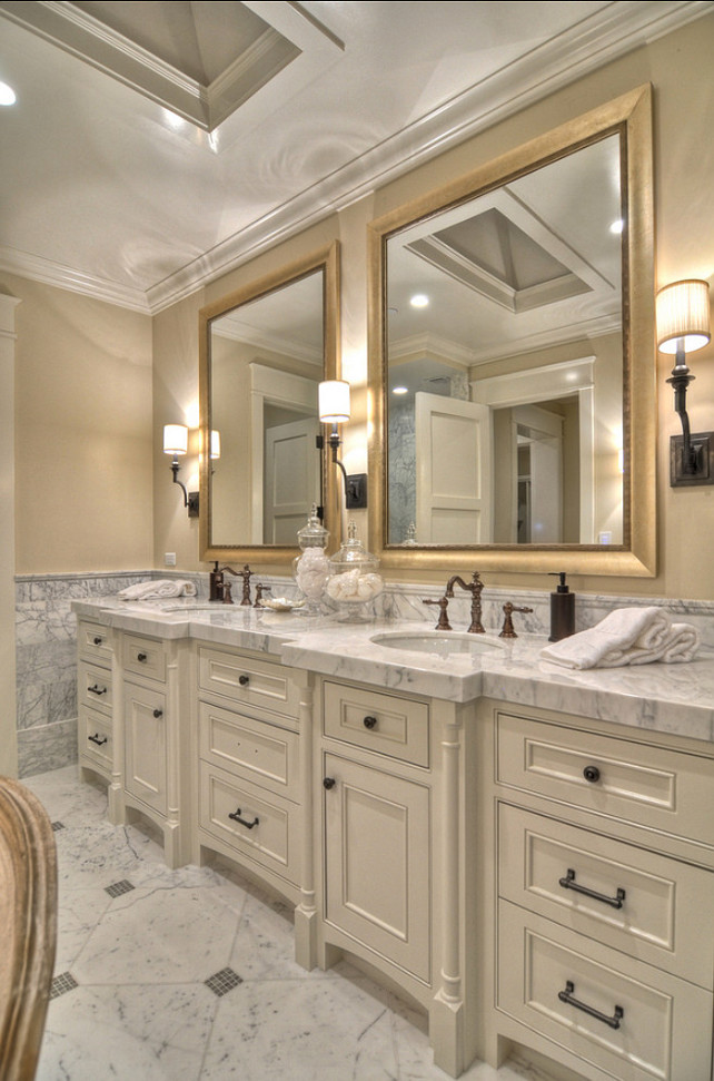 Bathroom Vanity Ideas. Beautiful Double bathroom vanity with marble countertop. #Bathroom #BathroomVanity #bathroomVanityDesign
