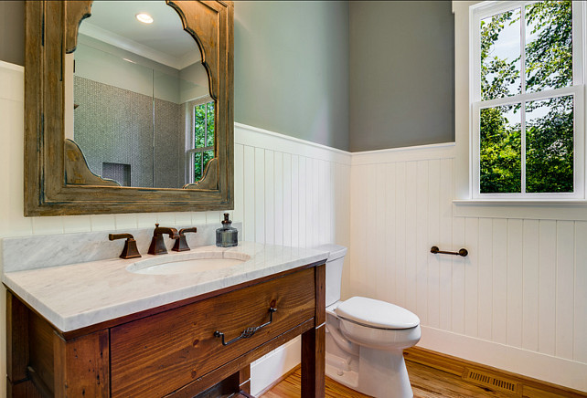 Bathroom Vanity Ideas. The vanity was custom made by a local artisan. It was crafted from pine with a carrera marble top. There are similar styles available at Pottery Barn and Restoration Hardware. #Vanity #Bathroom