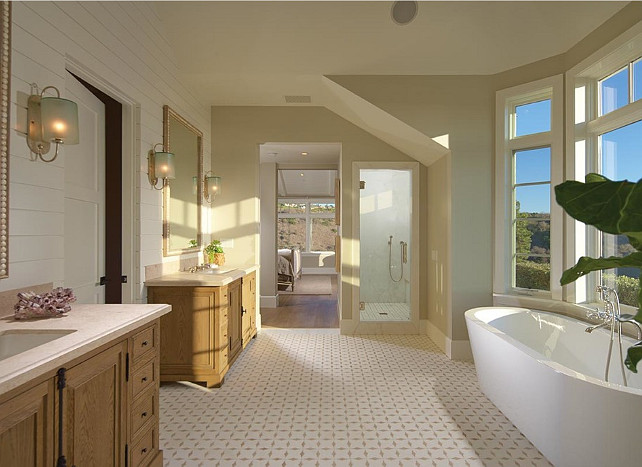 Bathroom with Marble flooring. Gorgeous bathroom with marble flooring and crema marfil marble countertop. #Bathroom #Marble #BathroomIdeas #CremaMarfil