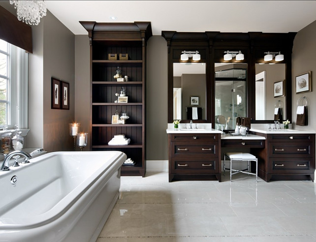 Bathroom. Bathroom Design Classic Bathroom with dark cabinets. #Bathroom #BathroomDesign #BathroomIdeas Designed by Jane Lockhart..