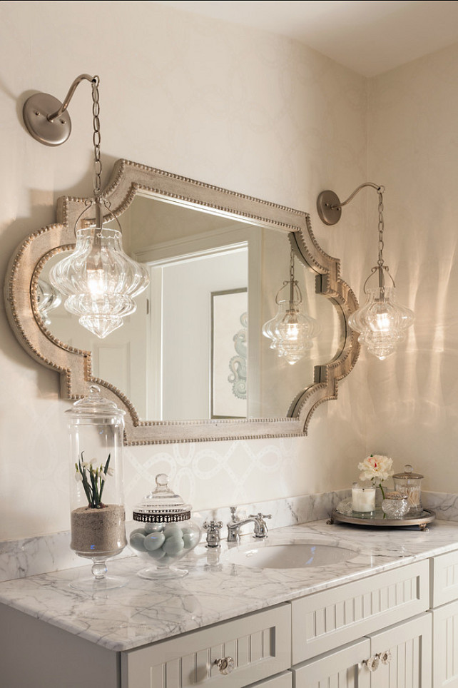 Bathroom. Bathroom Design Ideas. Bathroom gray vanity with marble countertop. #Bathroom #BathroomIdeas #BathroomVanity