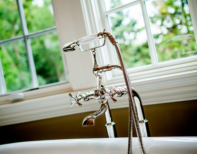 Bathroom. Bathroom Ideas. The leg tub filler faucet is by Rohl. #Rohl #TubFillers #Faucet #BathroomIdeas