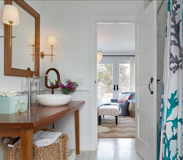 Bathroom. Bathroom Ideas. Classic coastal bathroom. Bathroom Faucet is from Perrin & Rowe (Rohl). The wall paint color is Benjamin Moore Chantilly Lace. #Bathroom #BathroomDesign #BathroomIdeas #CoastalBathroom