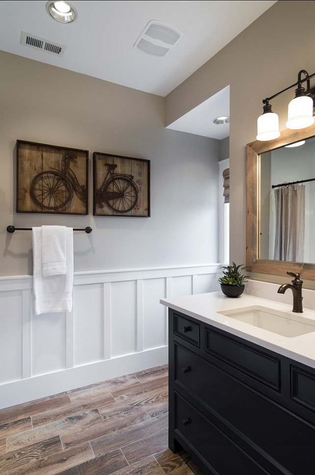 Bathroom. Boys Bathroom Design Ideas. Great kids' bathroom with painted furniture vanity, wood-like tiles, wainscot, bat & board and quartz slab countertops. #Bathroom #BoysBathroom