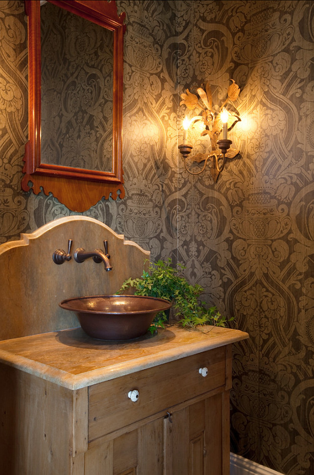 Bathroom. Farmhouse Bathroom. Farmhouse style Bathroom. The wallpaper in this bathroom is from SJW Studios, pattern is McLaughlin Damask, and color is Lichen. #Bathroom #Wallpaper #Farmhousebathroom Allard Ward Architects.