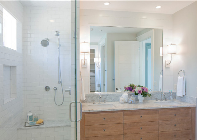 Bathroom. Small Bathroom Design Ideas. Small Bathroom with separate shower and custom vanity design. Clean lines and uncomplicated material choices such as white subway tiles and marble make of this bathroom a beautiful space. #Bathroom #BathroomDesign #SmallBathroom #SmallBathroomIdeas