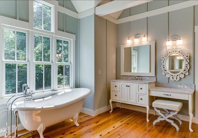 Bathroom. Traditional Bathroom Design. The trim and cabinet paint are Sherwin Williams Roman Column. #Bathroom #BathroomDesign #TraditionalInteriors
