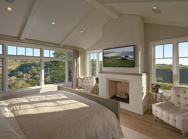 Bedroom Ideas. Bedroom Design. Bedroom with fireplace, TV and seating area. #Bedroom #BedroomIdeas #BedroomDesign