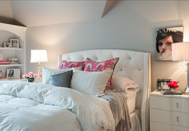 Bedroom. Bedroom Ideas. White Bedroom Design Ideas. Bedroom with white tuffed bed, white bedding and white furniture. Gorgeous bed! I am loving the tailored look of this white velvet tufted wingback headboard.Designed by Studio M Interiors. #Bedroom #WhiteBedroom #BedroomDecor #BedroomIdeas #BeddingIdeas