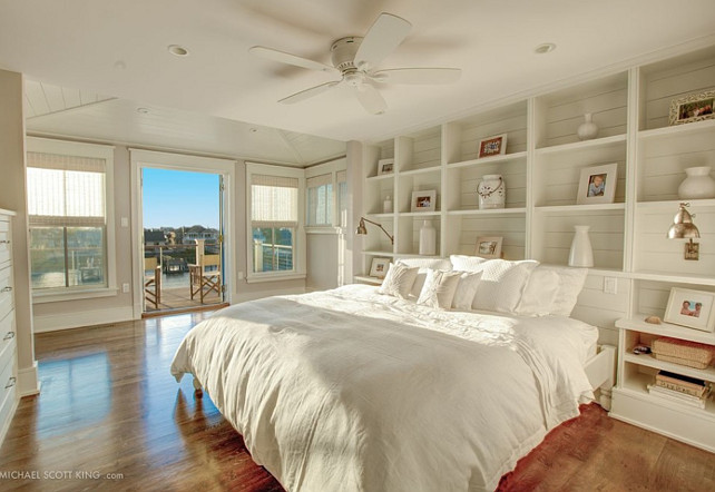 Bedroom. Bedroom with neutral decor and built-in bookcase. This ivory master bedroom is completely relaxed and it features a very inspiring built-in bookcase. #Bedroom #BedroomDesign #Bookcase #Builtin