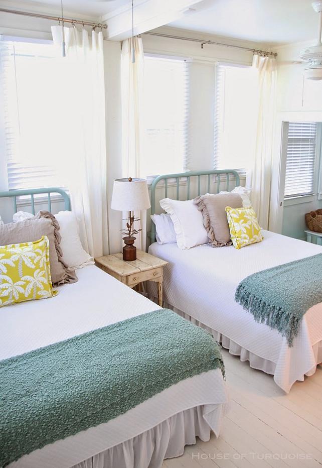 Cottage-y Coastal Bedroom Decor. Bedroom. Coastal Bedroom Decor Ideas. #Bedroom #CoastalBedroom #SharedBedroomDesign Via House of Turquoise. Designed by Jane Coslick. 