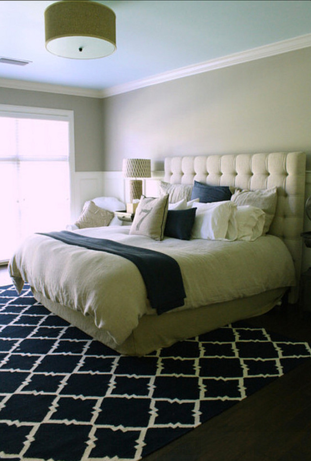 Bedroom. Transitional Bedroom Design Transitional bedroom with tuffed bed and geometric rug. #Bedroom #TransitionalBedroom #TransitionalInteriors 