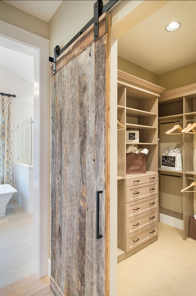 Closet. Walk-in Closet Ideas. Beautiful sliding barn doors made of reclaimed barn wood. #Closet