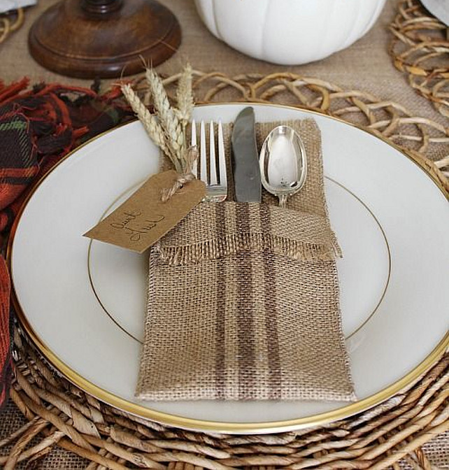 DIY Table Top Ideas. Burlap DIY Table Top Ideas. Grain sack painted striped burlap utensil holders from Uncommon Designs.