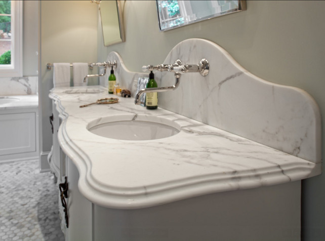 Bathroom Countertop. Marble Bathroom countertop ideas. The marble countertop in this bathroom is 3 cm "Polished Calacatta Gold Marble".Edge Profile is 3 cm with "Cove Ogee edge detail". #Marble #Countertop #EdgeProfile. 