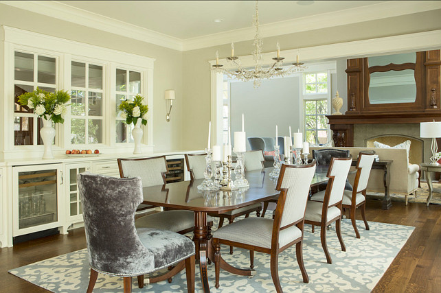 Dining Room. Dining Room Ideas. Elegant designer dining room painted in Benjamin Moore Revere Pewter HC-172. #DiningRoom #DiningRoomIdeas