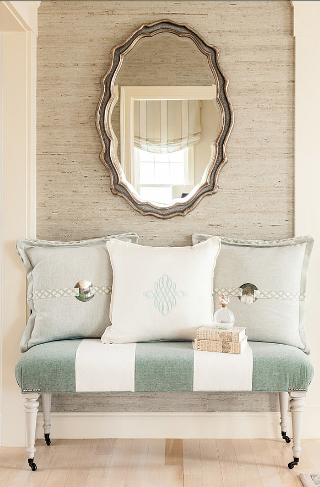 Entryway Decor Ideas. Great entryway with grasscloth wallpaper, custom bench and throw pillows in a coastal color palette. #Entryway #Foyer Casabella Home Furnishings and Interiors.