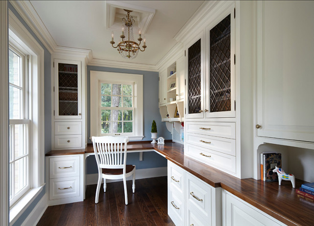 Home Office. Home Office Custom Cabinet Ideas. The cabinet grille are nickel and custom. #CabinetGrille #HomeOffice #BuiltinCabinetIdeas Designed by Yunker Associates Architecture.