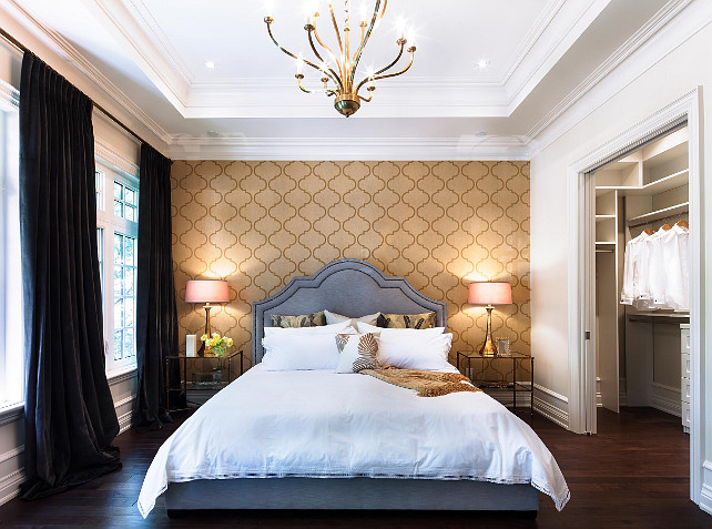 Bedroom. Bedroom Design. Bedroom with elegant decor. Notice the wallpaper and chic velvet draperies. #Bedroom #BedroomDecor #BedroomDesign #BedroomIdeas