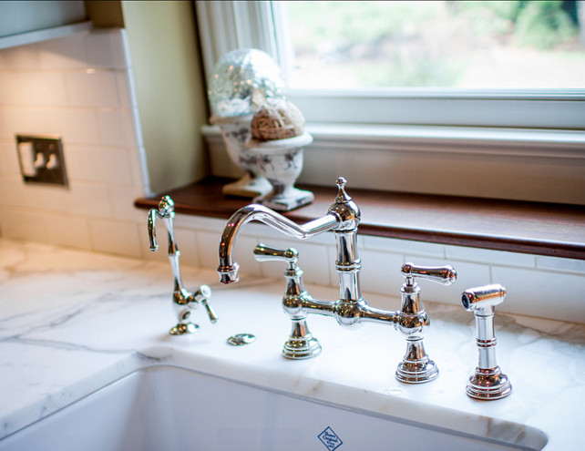 Kitchen Faucet. Kitchen Faucet Ideas. This kitchen faucet is a Perrin & Rowe bridge faucet with sidespray by Rohl. #Kitchen #KitchenFaucet #RohlKitchenFaucet