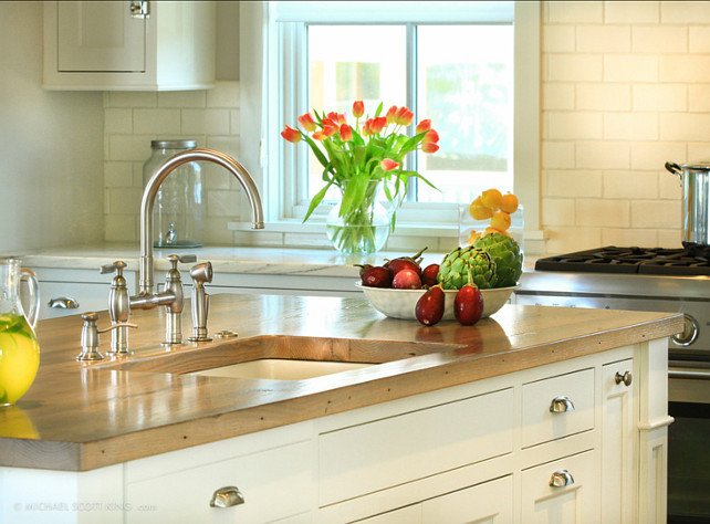 Kitchen Island Countertop. Kitchen Island Countertop Ideas. The island counter top is a reclaimed white oak. #Kitchen #KitchenCountertopIdeas #ButcherBlock #ButcherBlockCountertop