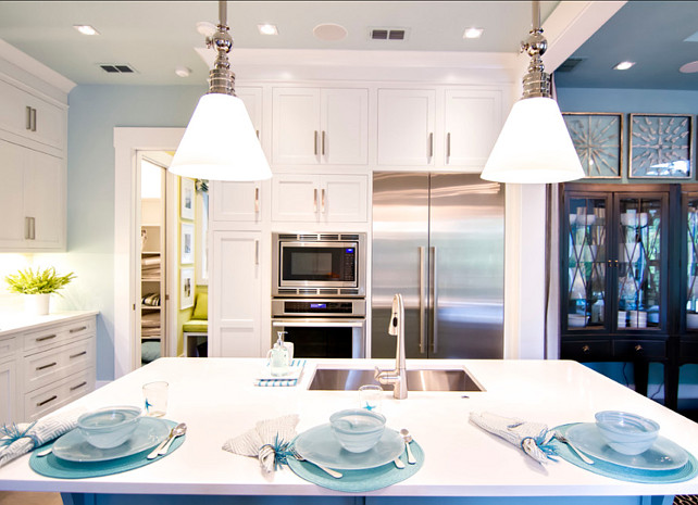 Coastal White Kitchen with Turquoise Island - Home Bunch Interior