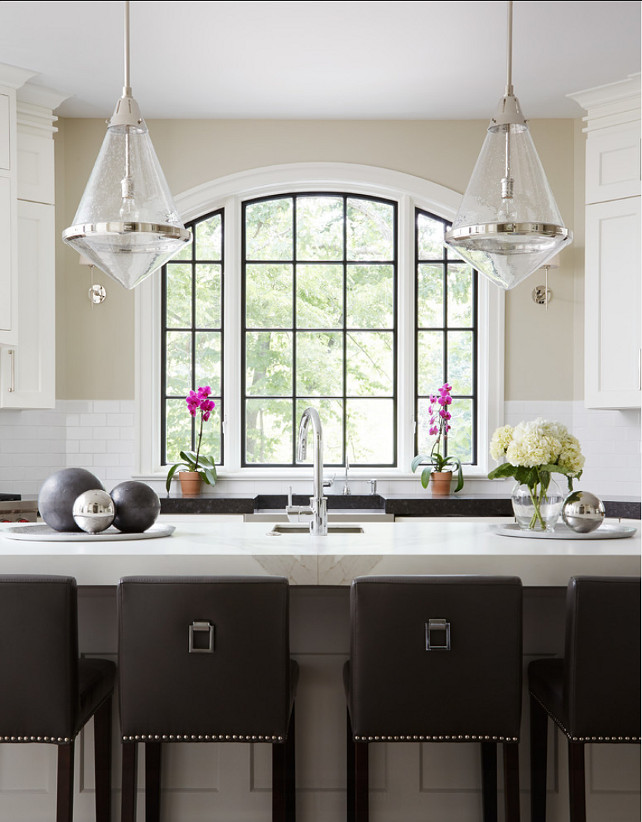 Kitchen Island. Kitchen Island Ideas. Transitional kitchen with large gray island and transitional pendant lighting. #Kitchen