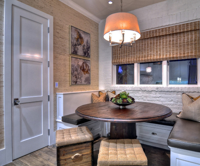 Kitchen Nook. Kitchen Nook Design. A variety of textures and shades of white, gold and brown enhance the character of this cozy kitchen nook. #KitchenNook #Nook #EatingNook