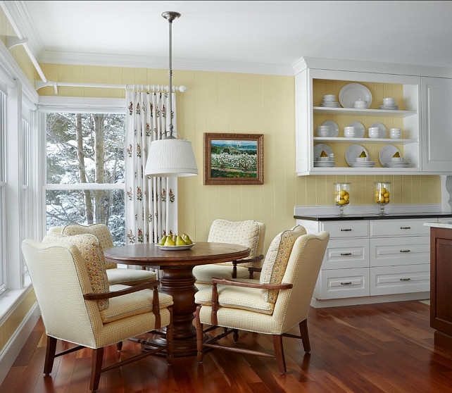 Kitchen. Country Kitchen Design. Traditional country yellow kitchen with white cabinets. #Kitchen #CountryKitchen #TraditionalKitchen #KitcheDesign Designed by Cottage Company Interiors.