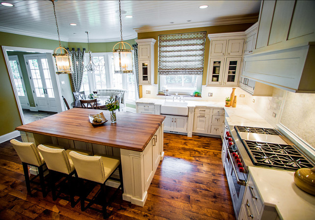 Kitchen. Kitchen Design Ideas. White Kitchen with custom cabinets. Kitchen Layout Ideas. Kitchen Cabinet Paint Color is Kitchen Paint Color is "Benjamin Moore Dove White OC-17". #Kitchen #WhiteKitchen #KitchenLayout #KitchenLayoutIdeas