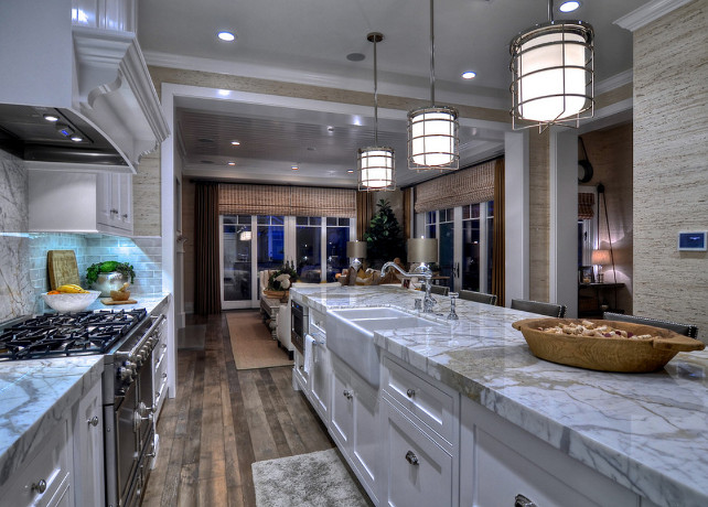 Kitchen. Kitchen Ideas. Kitchen Design. Kitchen Lighting Ideas. Wire lanterns hang above the island, adding to the bright, clean feel. #Kitchen #KitchenLighting #KitchenDesign #KitchenLighting