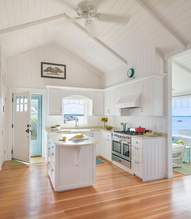 Kitchen. Small Kitchen Ideas. Small Kitchen Design Ideas. Small cottage with white and turquoise kitchen. This kitchen has a perfect layout for a small space. It's open and has plenty of character. Similar Paint Color: "Sherwin-Williams SW7005 Pure White". #Kitchen #SmallKitchenDesign #SmallKitchen #SmallInteriors #WhiteKitchen #Turquoise