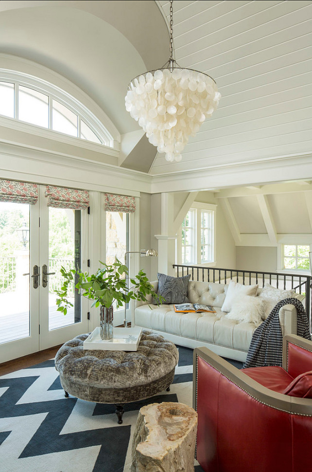 Landing Area. Great family room was designed on the spacious landing area. Chandelier is similar to the worlds away capiz chandelier. #FamilyRoom #LandingArea