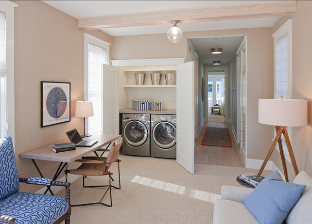 Laundry Room. Laundry Room Ideas. Small Laundry Room Design. This closet laundry room is practical and smart. Shelvings above machines add extra storage space. #LaundryRoom #LaundryRoomIdeas #SmallLaundryRoom #LaundryRoomDesign #