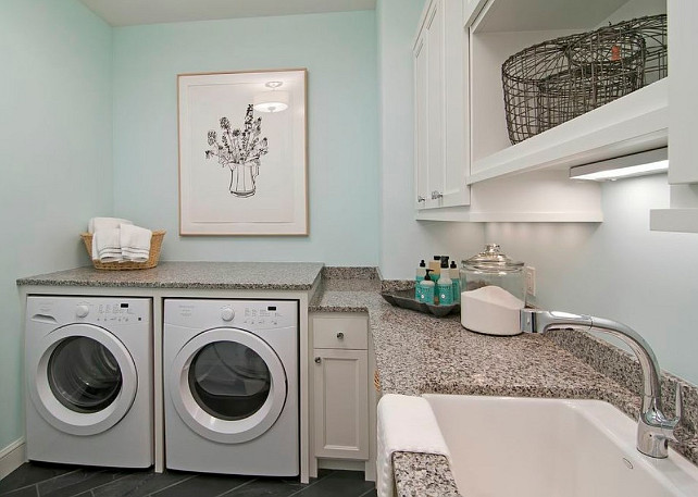 Laundry Room. Laundry Room with turquoise wall and white cabinet. #LaundryRoom #LaundryRoomDesign #LaundryRoomIdeas Martha O'Hara Interiors.