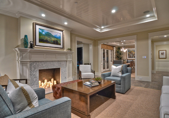 Living Room Decor. Living Room Decor Ideas. Cottage blue chairs add a touch of color to the neutral shades that make up this beautiful monochromatic look. #LivingRoom #LiivngRoomDesign