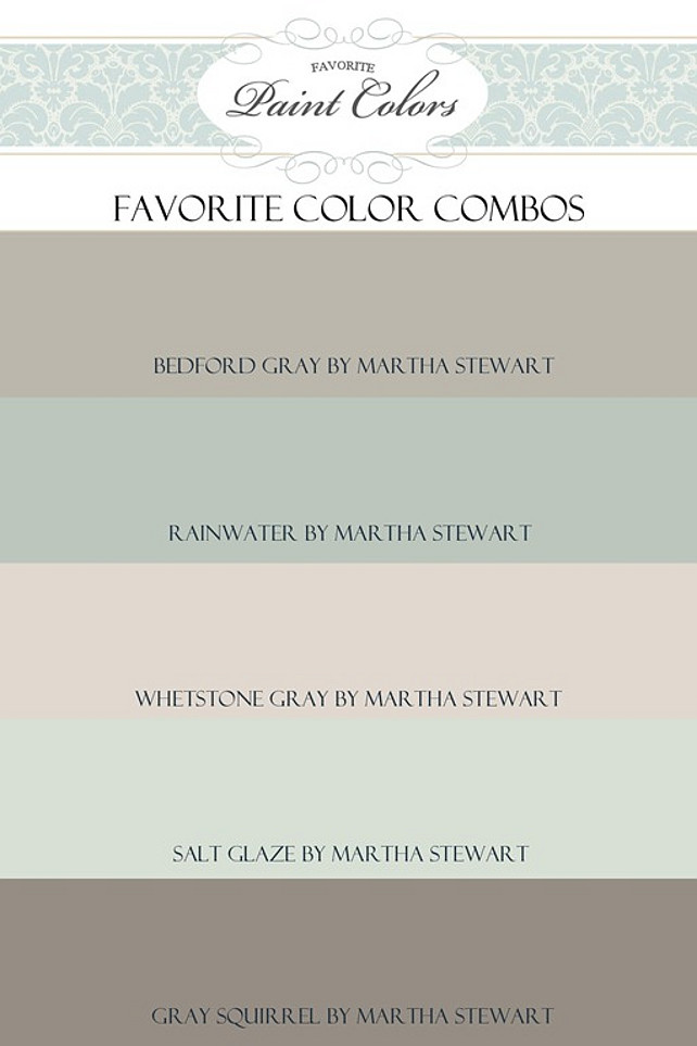 Martha Stewart Popular Paint Colors Rainwater, Whetstone Gray, Salt Glaze, Gray Squirrel #MarthaStewartPaintColor Via Favorite Paint Colors.