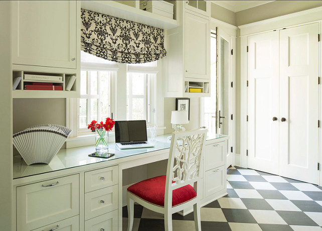 Mudroom with desk. Great mudroom design with built-in desk. The chair is the "Oly Studio Coral Dining Side Chair". #Mudroom #HomeOffice