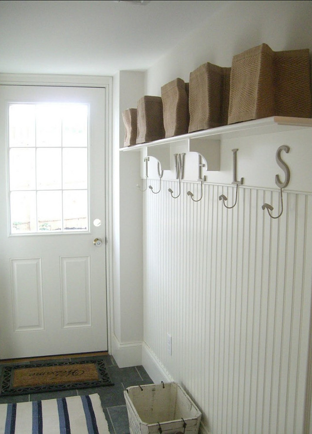 Mudroom. Coastal Mudroom Design Ideas. Hooks are the "Letter Hooks" from "Anthropologie". #Mudroom