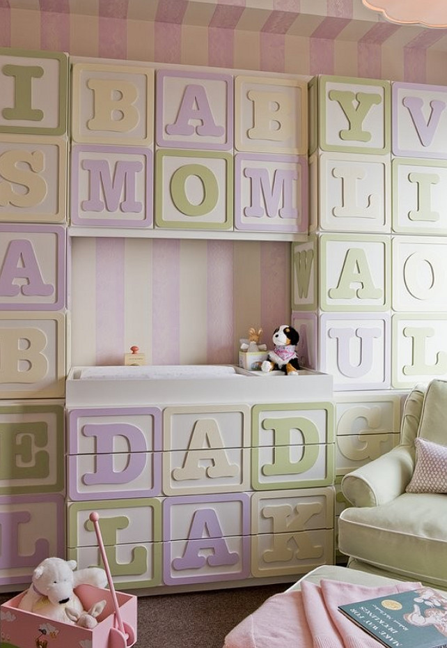 Nursery Ideas. Baby Girl Nursery Ideas. The blocks unit in this nursery was custom made specifically to fit the room by a local cabinetmaker. #NurseryIdeas #NurseryDesign #GirlNurseryDesign Terrat Elms Interior Design.
