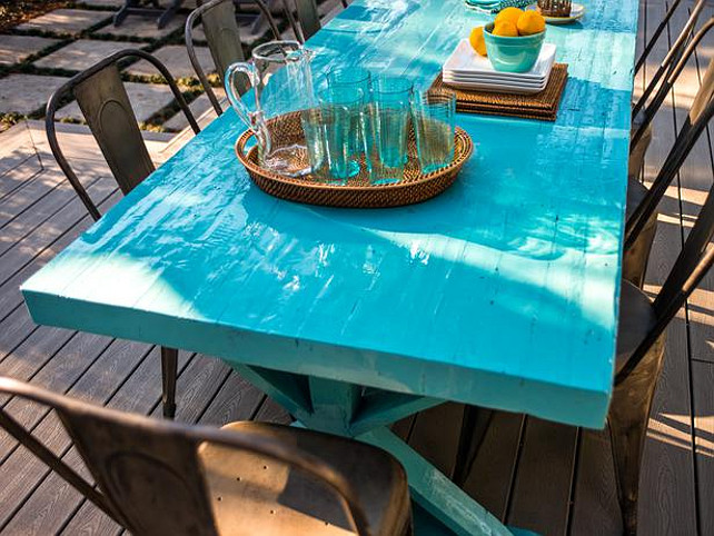 Patio Furniture Ideas. Great turquoise Trestle table. #Patio #Furniture