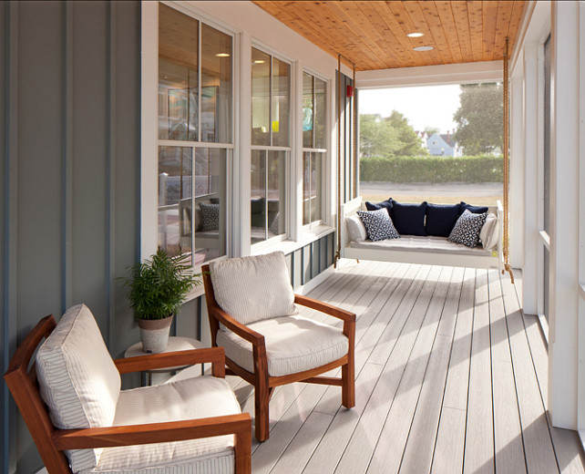 Porch. Porch Design Ideas. Porch with Swing. The front porch features comfortable furniture and an irresistible swing. #Porch #PorchSwing #PorchIdeas