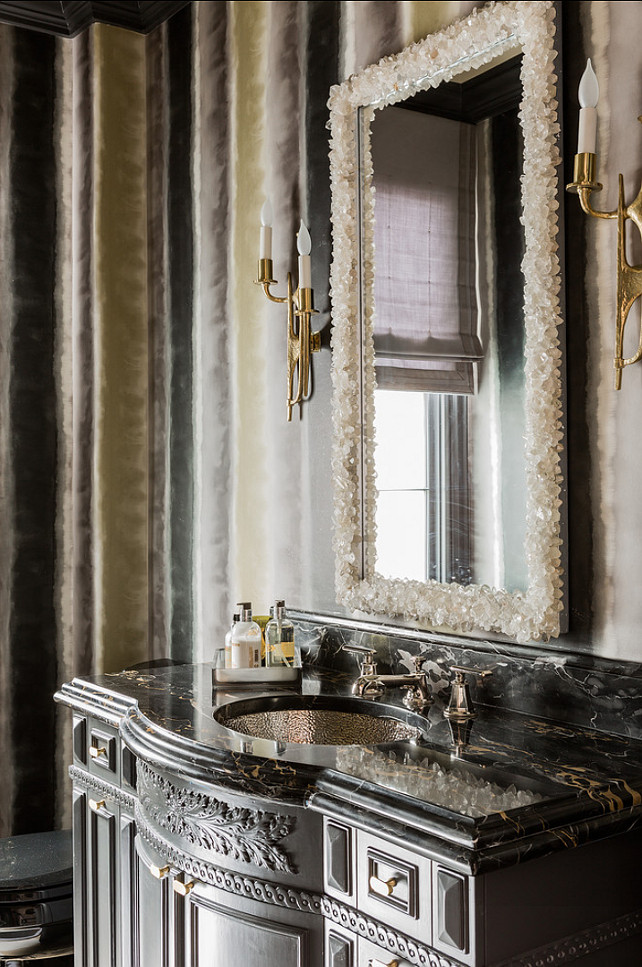 Powder Room Design. Chic powder room with crystal framed mirror. #PowderRoom #Mirrors #MirrorIdeas #PowderRoomIdeas Terrat Elms Interior Design.
