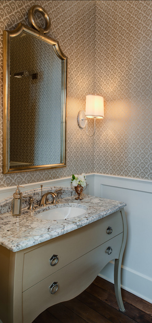 Powder Room. Powder Room Design Ideas. Elegant Powder Room with wallpaper, custom vanity and sconces. #PowderRoom #PowderRoomIdeas #PowderRoomDesign #PowderRoomDecor