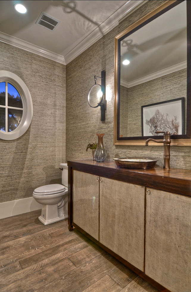 Powder Room. Powder Room Design Ideas. The vanity is a reclaimed piece that had the doors silver leafed and a gloss finish added. Sconces are the "Alice Sconce by Circa Lighting".. #PowderRoom #PowderRoomIdeas