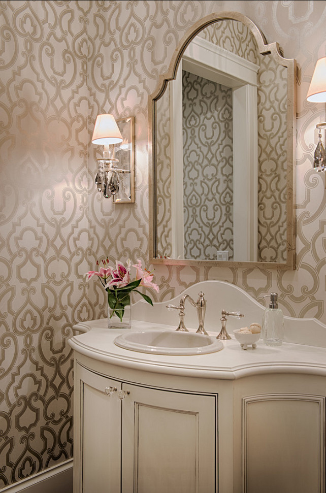 Powder Room. Powder Room Design. Elegant Powder Room Ideas. Powder Room with wallpaper, sconces and custom vanity. #PowderRoom #PowderRoomWallpaper #PowderRoomDesign