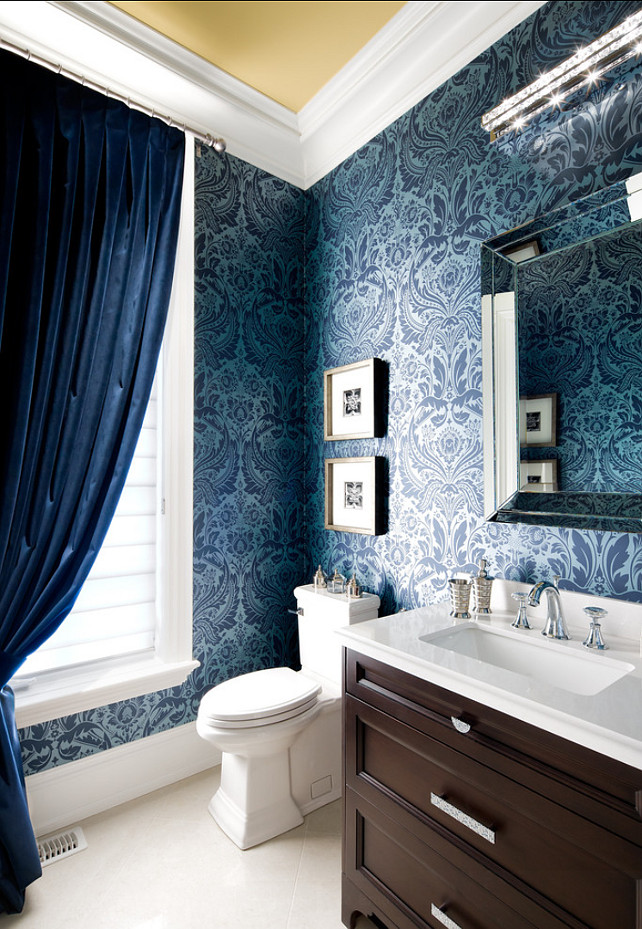 Powder Room. Powder Room Design. Power Room damask wallpaper from Graham and Brown (50-188) and velvet draperies from Robert Allen Design. Ceiling in Benjamin Moore "Sulfur Yellow" 2151-40. Designed by Jane Lockhart..