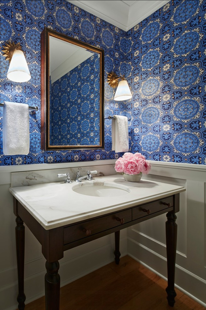 Powder Room. Powder Room with Wallpaper. The wallpaper in this powder room is a The Cole & Sons wallpaper. Sconces are Robert Abbey sconces. #PowderRoom #PowderRoomDesign #Wallpaper #WallpaperIdeas Designed by Martha O'Hara Inte