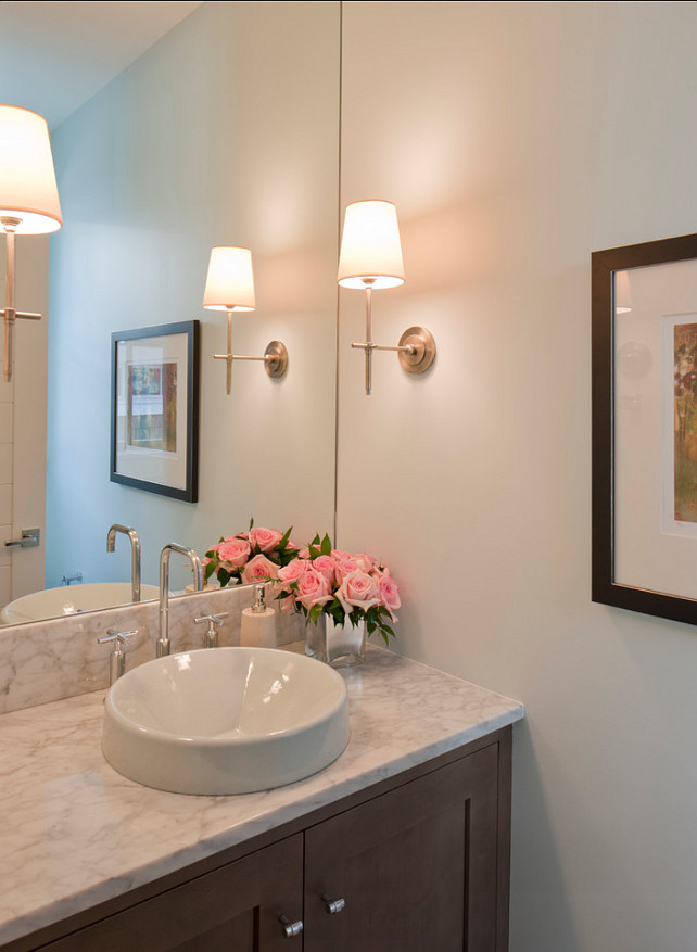 Powder Room. Small Powder Room Desgn. Great small powder room ideas. "Sconces are the Bryant Sconce by Thomas O'Brien". #PowderRoom #PowderRoomIdeas #PowderRoomDesign #SmallPowderRoom