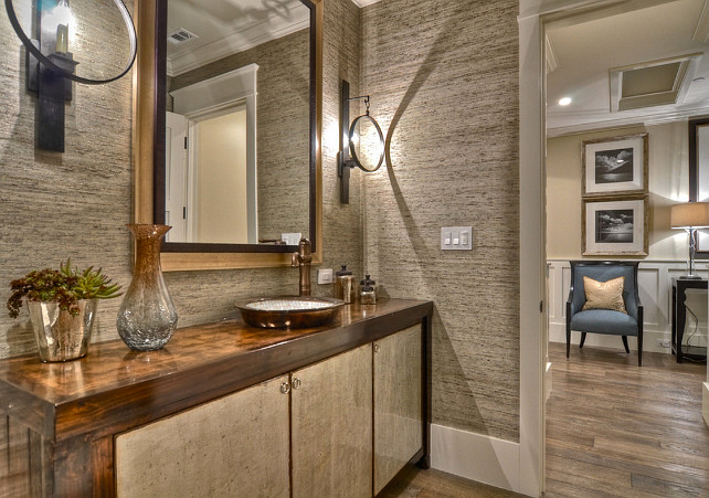 Powder Room. Warm and neutral colors and class lines with a modern touch make this powder bath a room you will be happy to have your guests enter. #PowderRoom